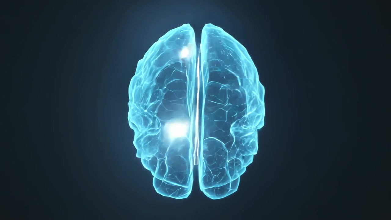 Rotating translucent neon-blue 3D brain at start, lighting white tracts, glowing nodes for anatomy