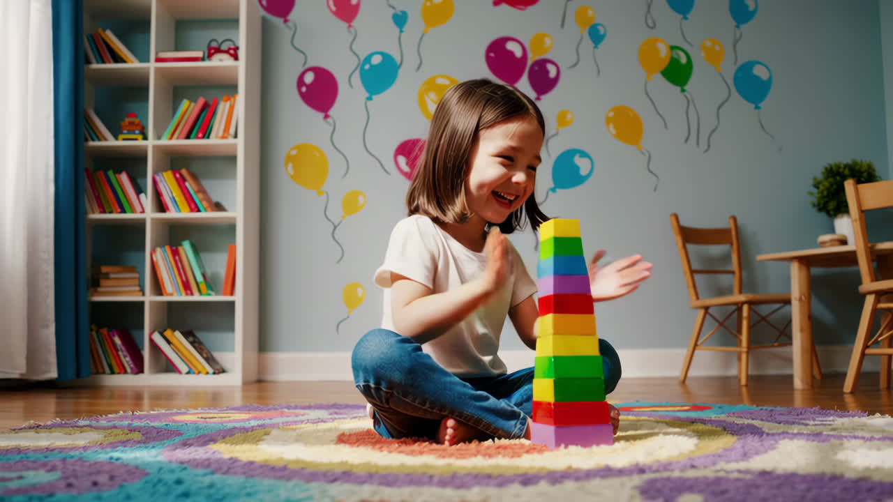 Happy Girl Playing with Building Blocks