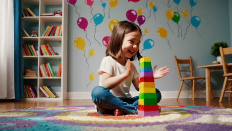 happy girl playing with building blocks