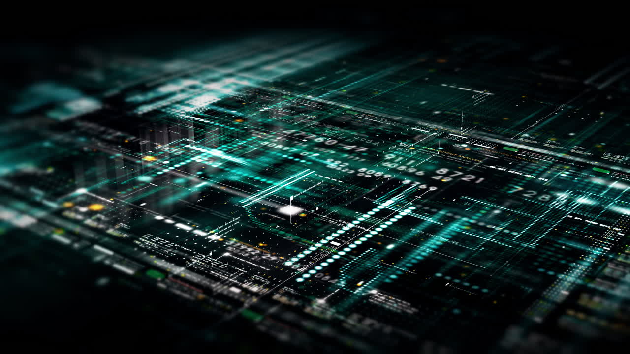 Futuristic abstract de-focus flowing data matrix, meta, metaverse, telemetry and encrypt numbers display with particles simulation in cyber space environment for head up display background