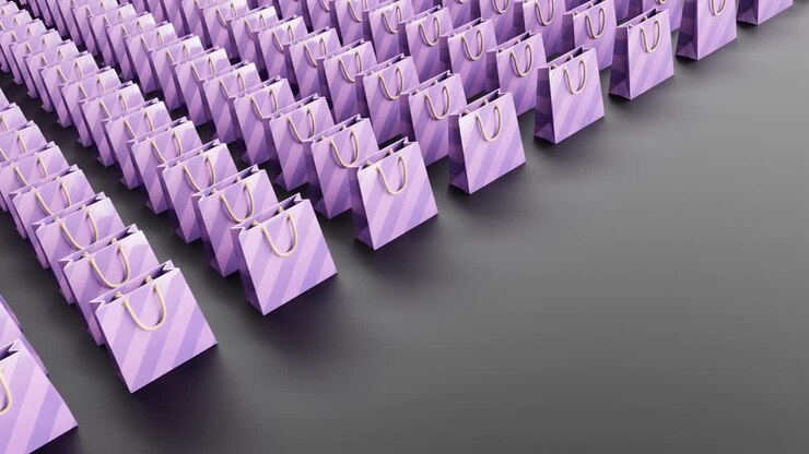 3D Motion Graphics Commercial illustration of Purple Shopping Bags Set Scrolling on Black Background