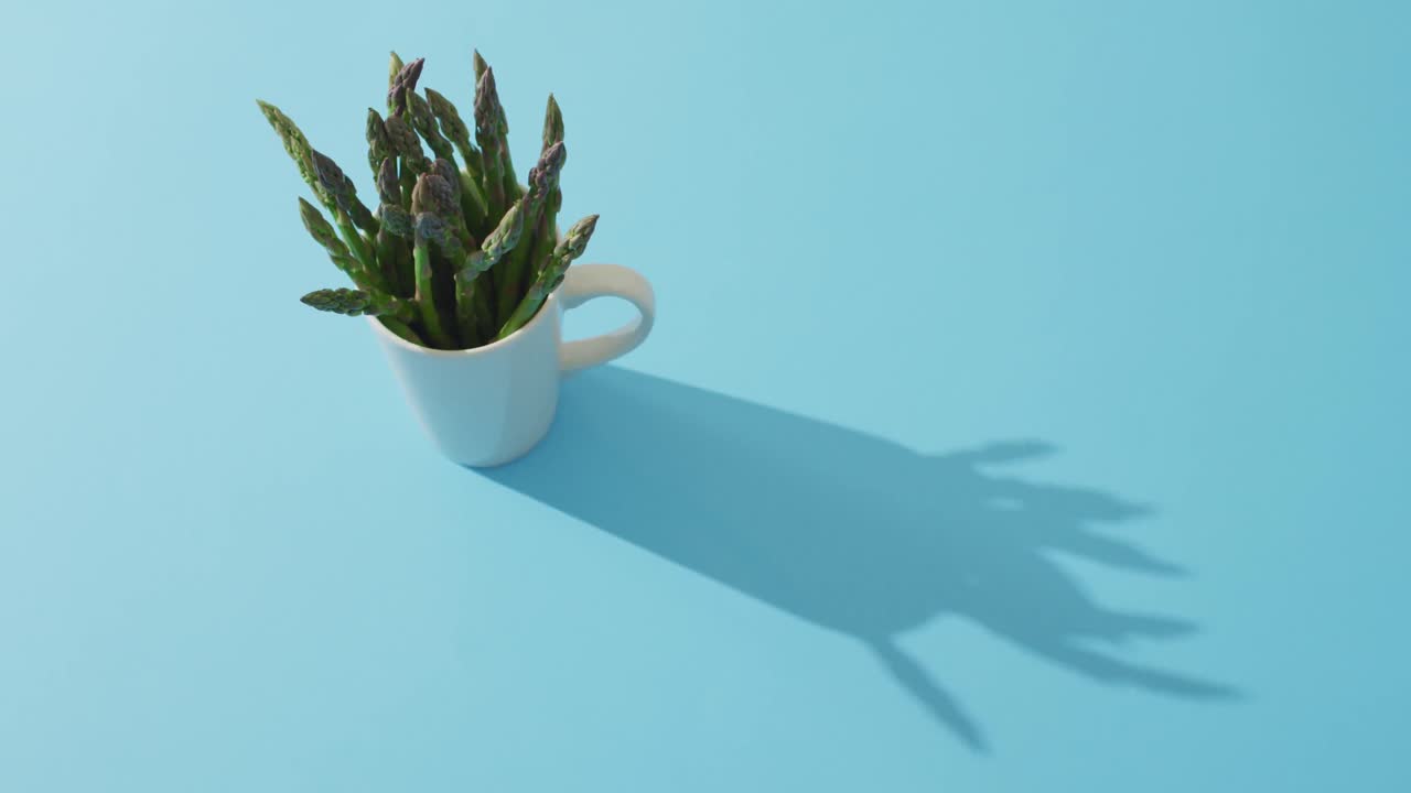video de espárragos frescos en taza blanca con espacio de copia sobre fondo azul