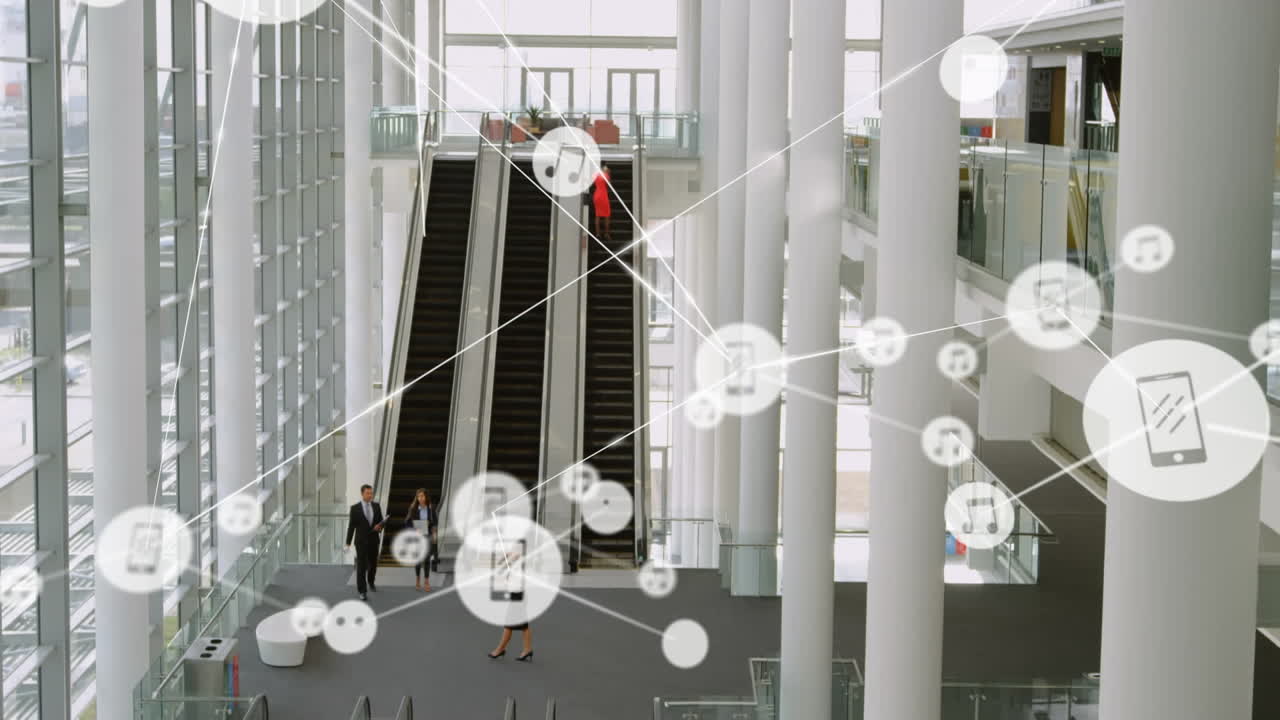 현대 사무실의 오버헤드 뷰에 대한 디지털 아이콘의 네트워크