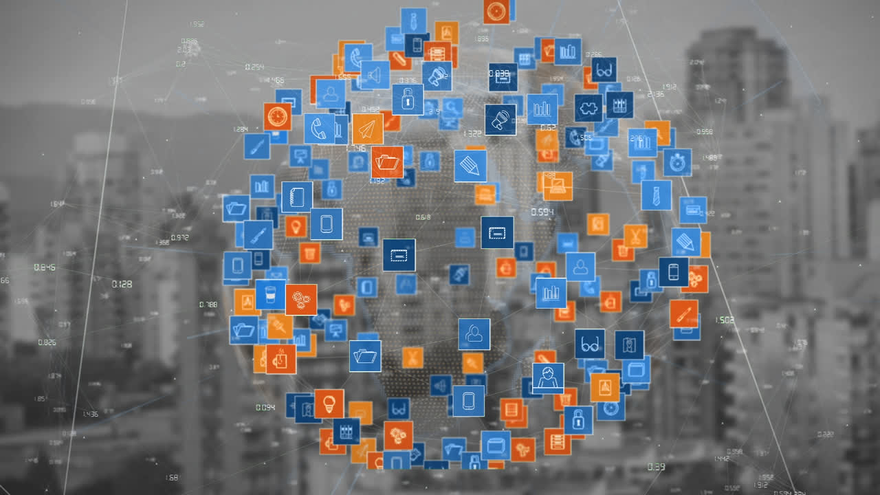 animación del globo con red de conexiones e íconos y paisaje urbano