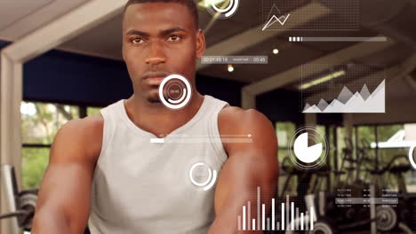 animation of data processing and diagrams over biracial man exercising at gym