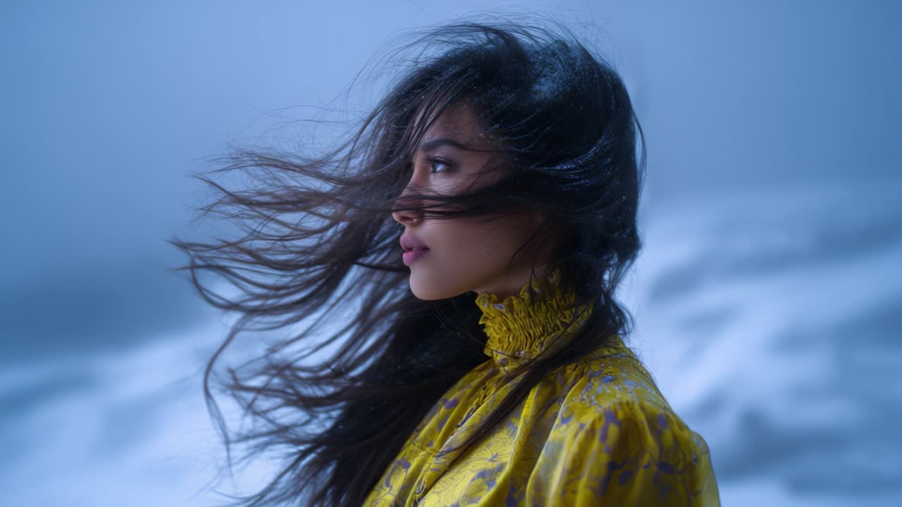 Ritratto di una donna con capelli fluenti in un abito giallo su uno sfondo nebbioso, catturato in due diverse inquadrature che evidenziano movimento ed espressione.