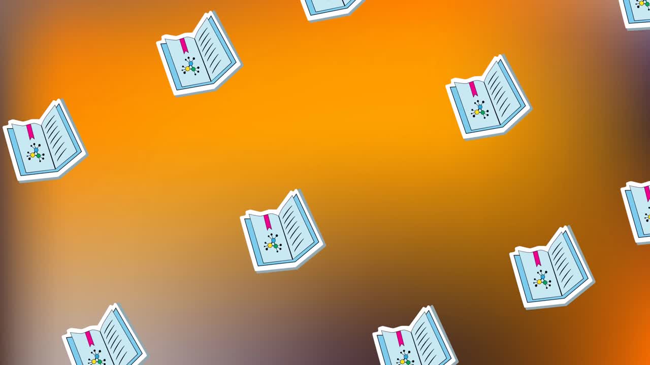 animación de iconos de libros escolares en un patrón sin costuras contra el espacio de copia en un fondo de gradiente naranja.