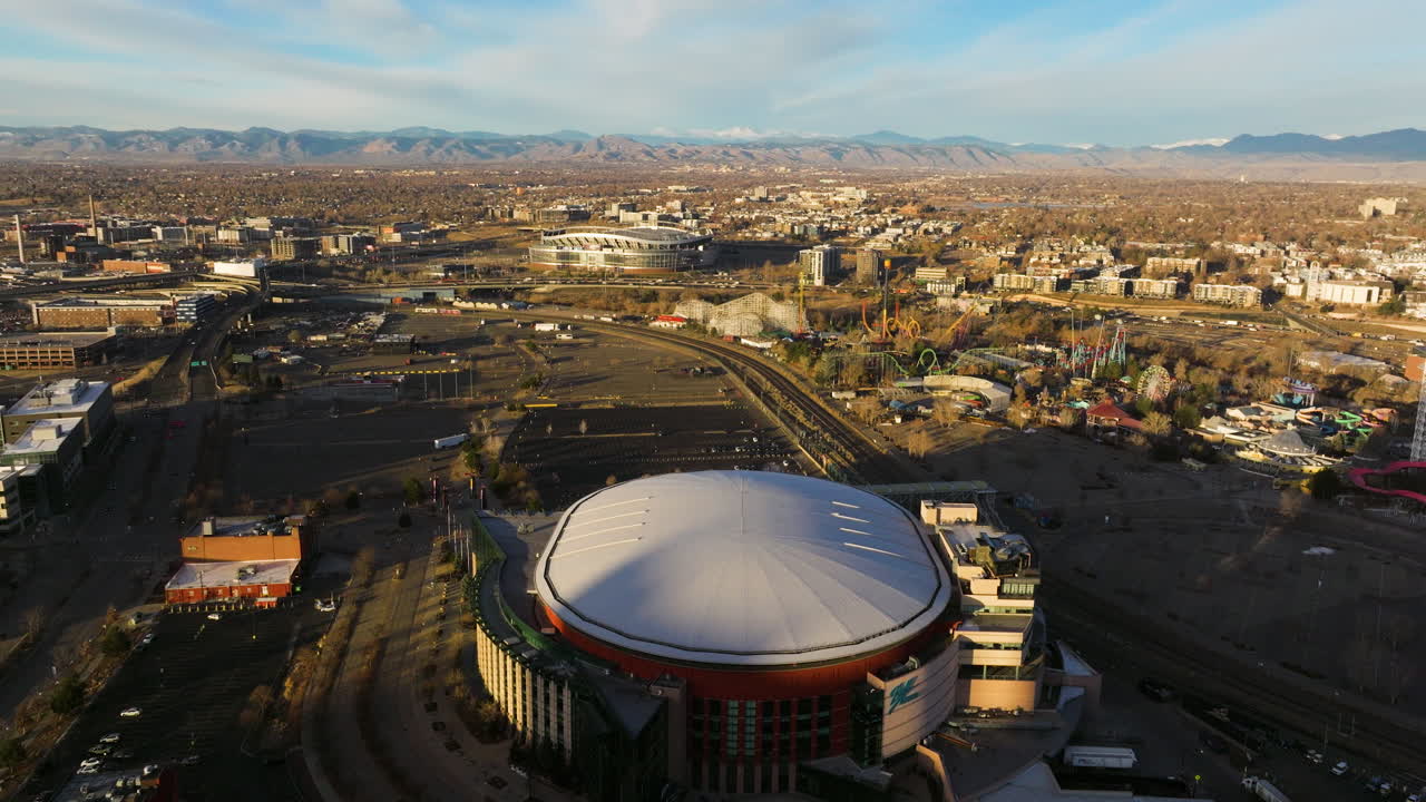 Ball Arena and nearby roads in Denver captured from the air