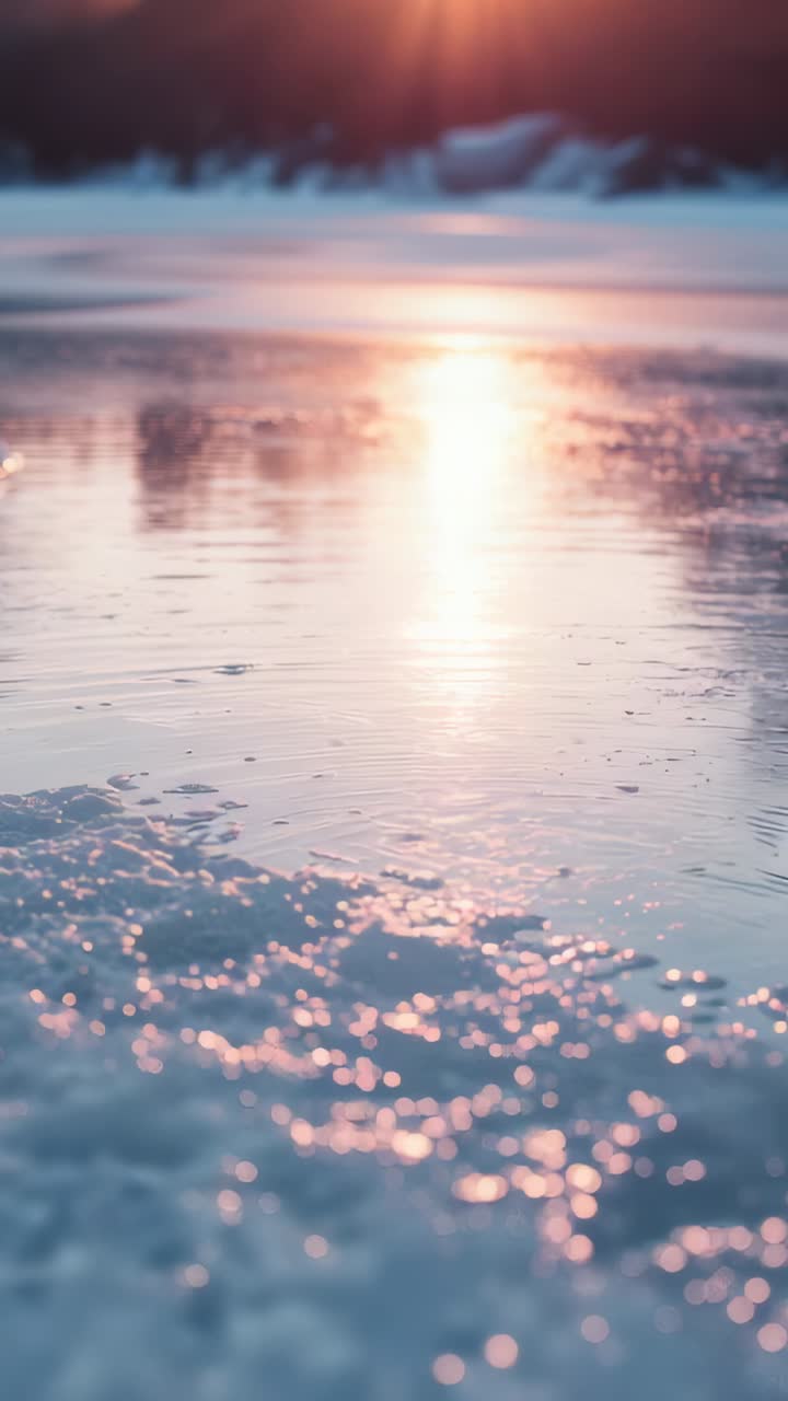 Vertical video: Sun rising melting ice crystals creating water ripples at dawn, with sun reflection