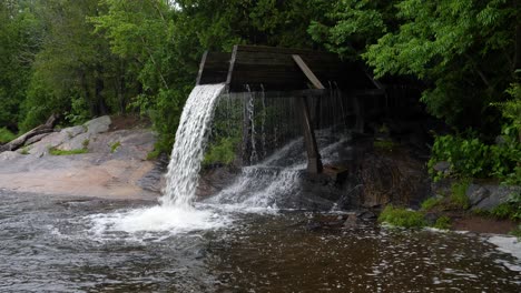 Crooked-Slide-Park-Waterfall,-Combermere-Ontario---60-fps-Slow-Motion-Wide-Angle-Decommissioned-Log-Chute