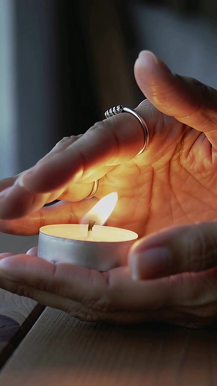 Video verticale: Mano che copre un lumino su un tavolo di legno mentre un'altra mano si avvicina, mano con anello che protegge il calore