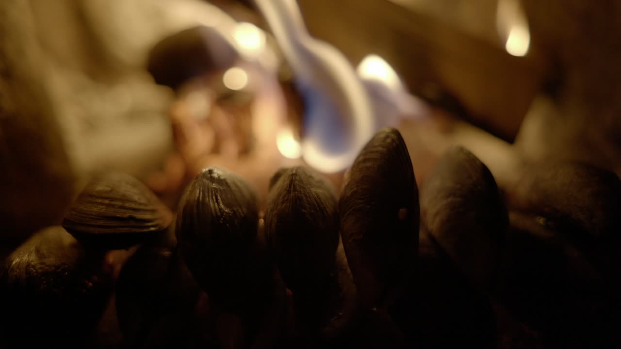 una fila de mejillones forrajeros salvajes se cocinan lentamente frente a un fuego de leña abierto en una chimenea antigua