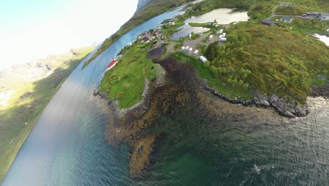 Woman-with-a-waving-flag-of-Norway-on-the-mini-planet-background-of-nature