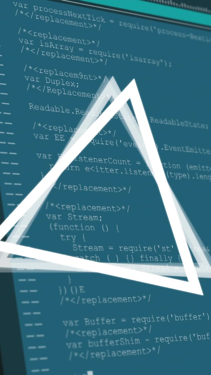 Animation of triangle rotating over data processing on computer screens