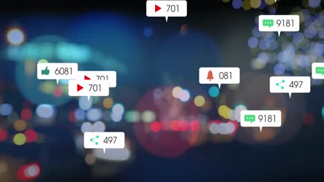 Animation-of-changing-numbers-and-icon-in-notification-bars,-blurred-vehicles-on-street