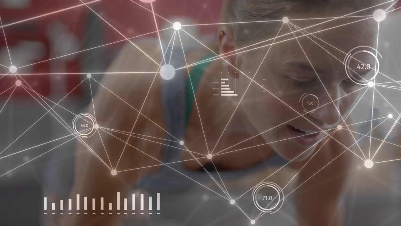 Female athlete starting plank and lowering torso, initiating data nodes and charts tracking fitness