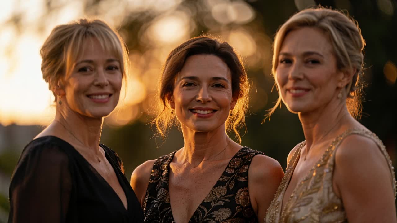 Três mulheres sorridentes virando para a câmera no parque enquanto o pôr do sol provoca sorrisos, usando vestidos de festa e joias