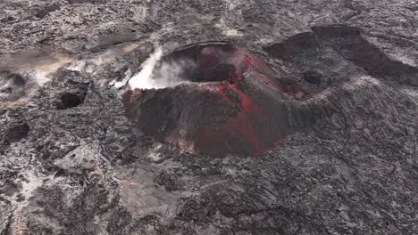 an aerial view captures the raw, dynamic landscape of a steaming volcanic ground in iceland. rugged lava fields with visible steam plumes rising from the earth, indicating ongoing geothermal activity