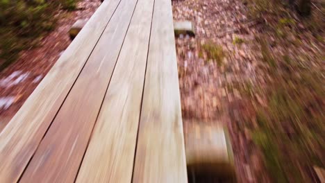Old-wooden-pathway-in-forest-area,-fast-motion-forward