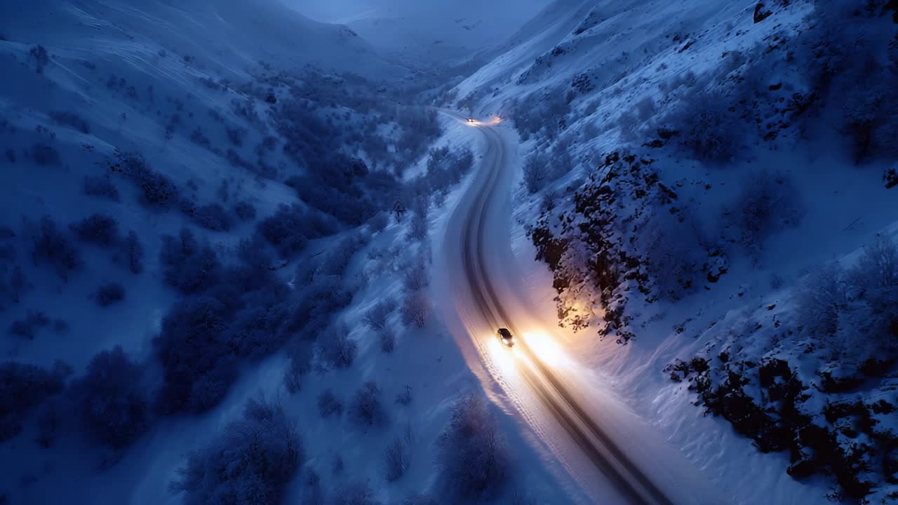 A Serene Winter Journey Through a Snow-Covered Landscape: Capturing the Tranquility of a Car Navigating Twisting Roads in a Picturesque Mountain Valley at Dusk with Soft Ambient Lighting