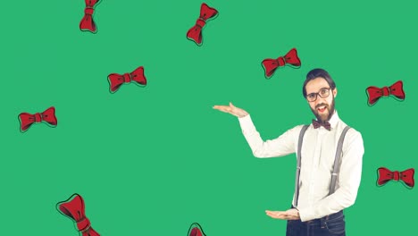 Animation-of-happy-caucasian-man-over-green-background-with-falling-bow-ties