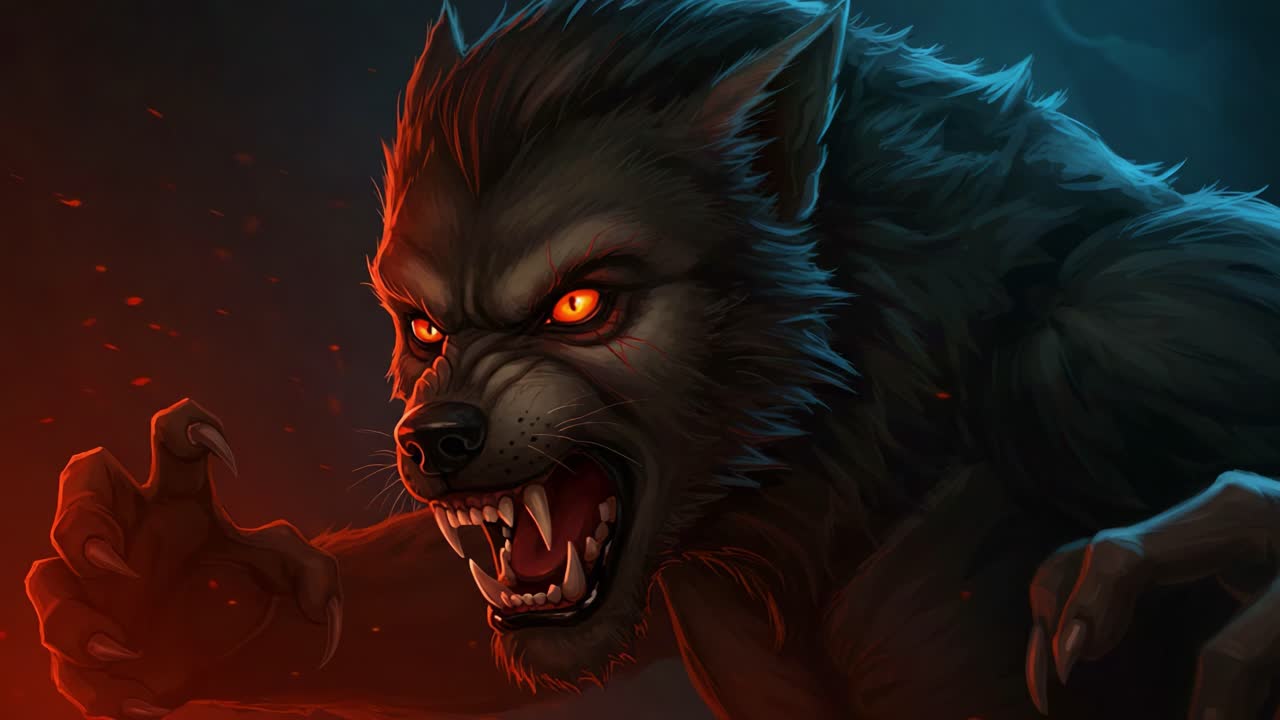 Fierce werewolf emerges from the shadows, showcasing its menacing features, sharp claws, and glowing eyes, ready to pounce on an unsuspecting target in this intense scene