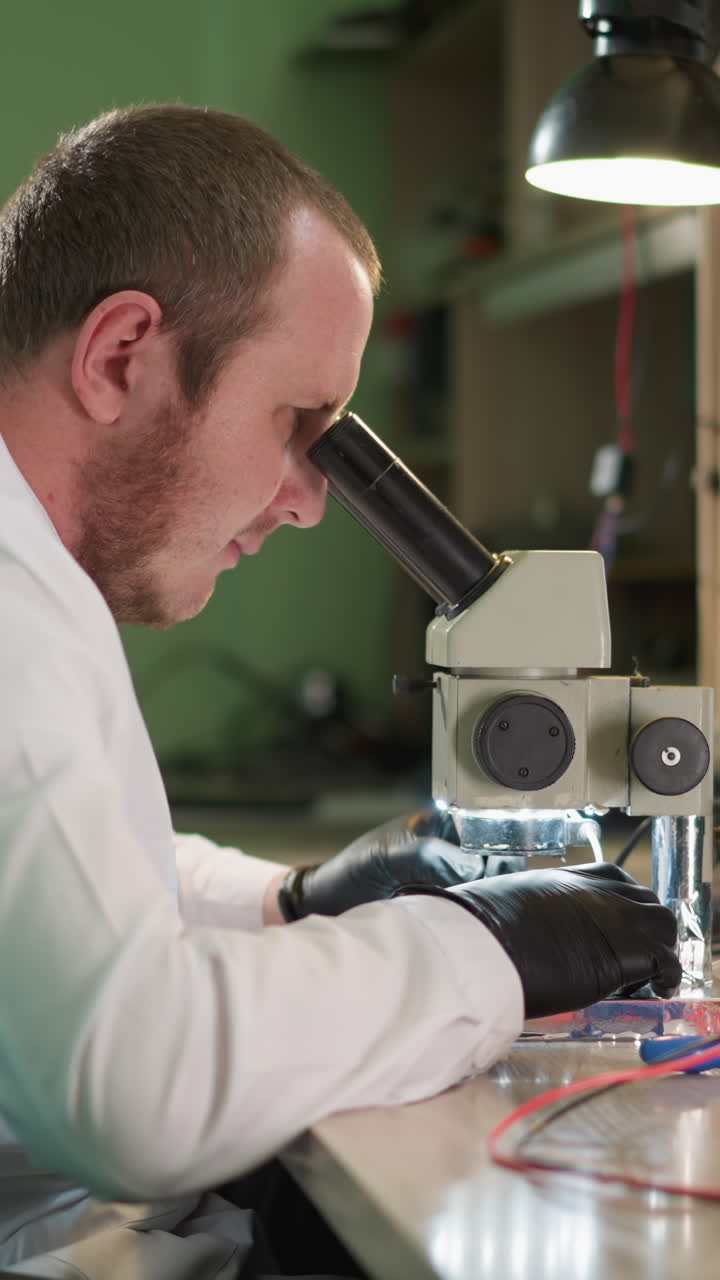 A focused technician in a white lab coat works on a circuit under a microscope in a laboratory setting, the workspace is equipped with various instruments for work, including a desk lamp