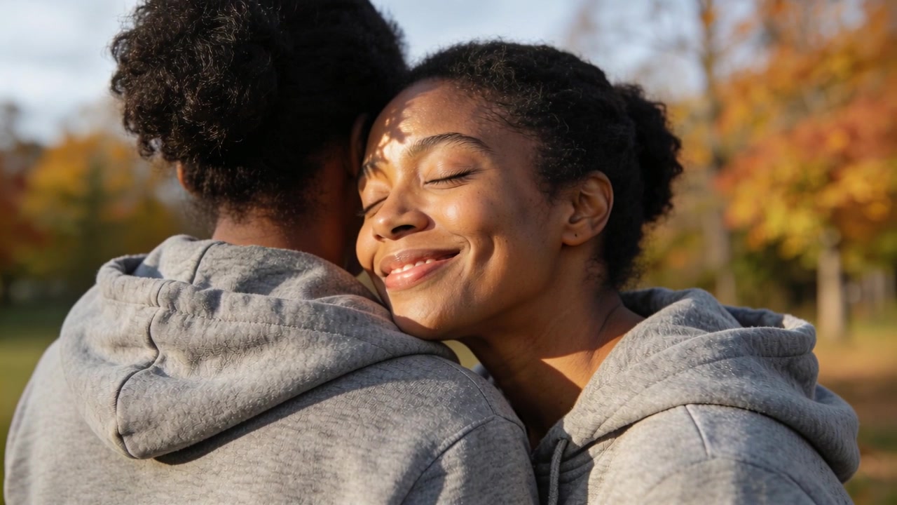 Sun drawing woman resting head on partner's shoulder, smiling, showing love in park, grey hoodies