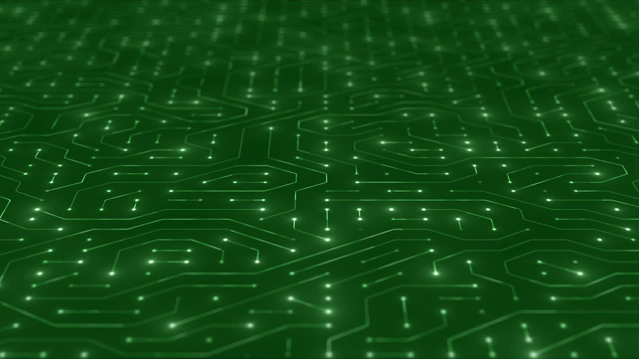 Circuit Board with moving electrons. Abstract electronic blue circuit board background. Artificial intelligence