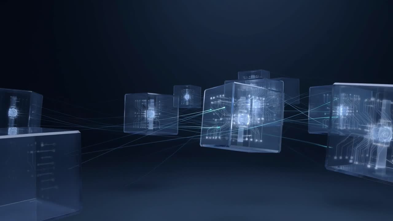 Futuristic Blockchain Data Flowing Through Connected Digital Cubes