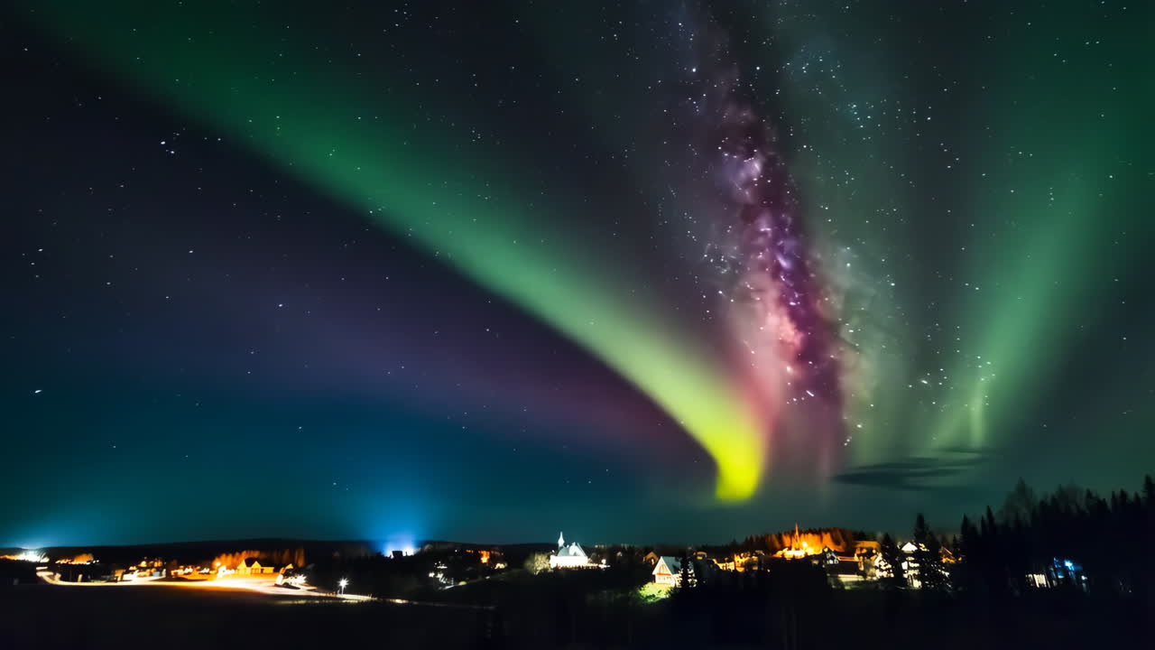Aurora Borealis over a small village at night