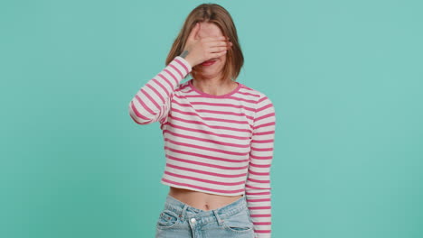 afraid young woman closing eyes with hand showing stop gesture confused shy scared to watch awful