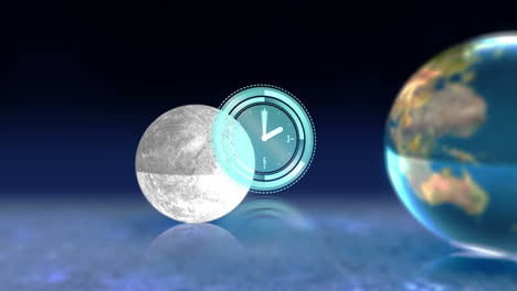 animación de reloj en movimiento sobre la luna, el globo y el sol sobre fondo negro