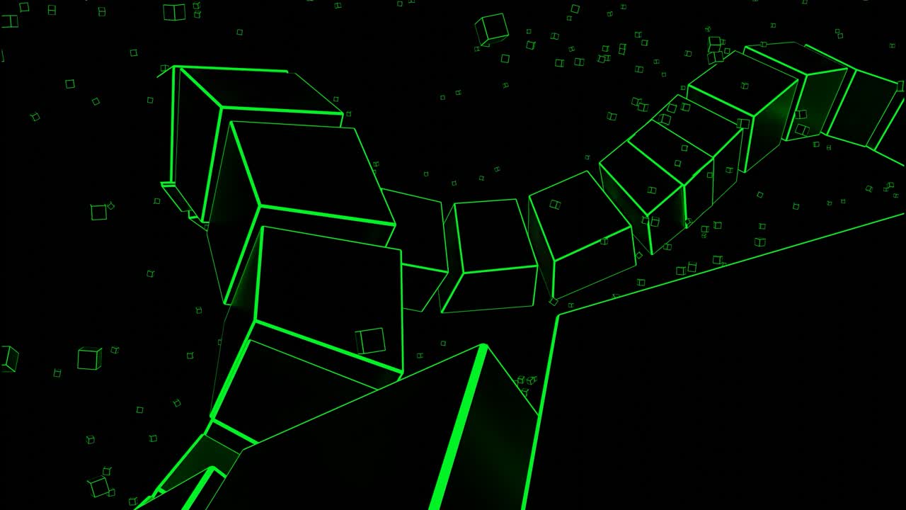 검은색 배경에 고립 된 다채로운 3d 큐브 실루의 회전 행. 디자인. 큐브의 네온 다채로운 회전 행