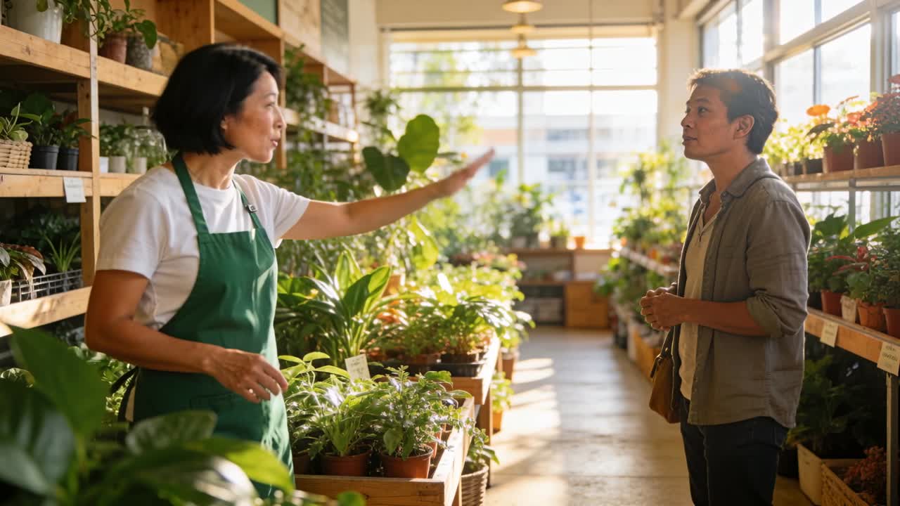 Percebendo cliente na prateleira direita, funcionária usando avental verde orientando a escolha de plantas na loja.