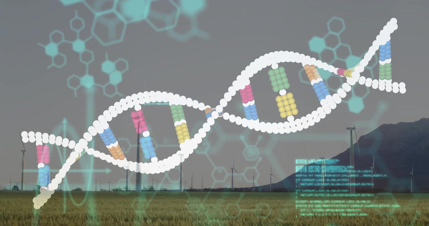 On start, DNA helix stretching over plain, code flickering and hexagons pulsing for energy study