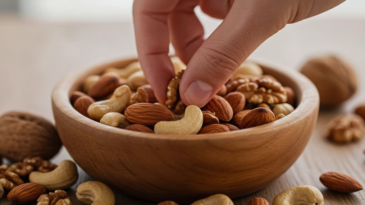A Hand Selecting Nuts from a Wooden Bowl: An Appealing Display of Healthy Snacking with Almonds, Cashews, Walnuts, and More in a Natural Setting