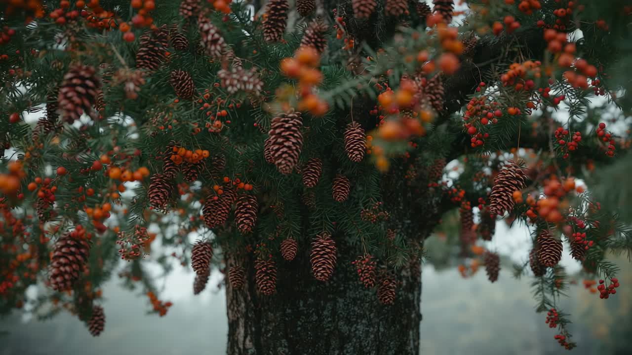 Gliding camera panning coniferous trunk showing pine cones and red berries in misty forest clearing