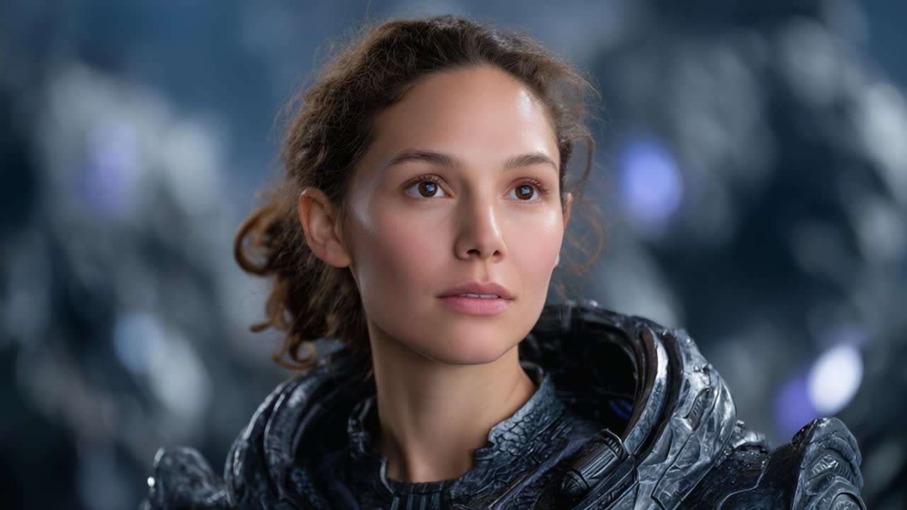 A Pensive Exploration: A Young Woman in Futuristic Armor Staring Into the Distance, Contemplating Her Journey Amidst a Mysterious, Alien Landscape