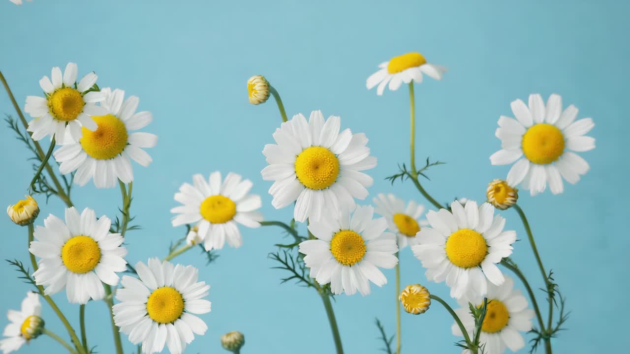 Chamomile flowers with white petals and yellow center on thin green stems sway gently against a light blue background, creating a peaceful and natural aesthetic