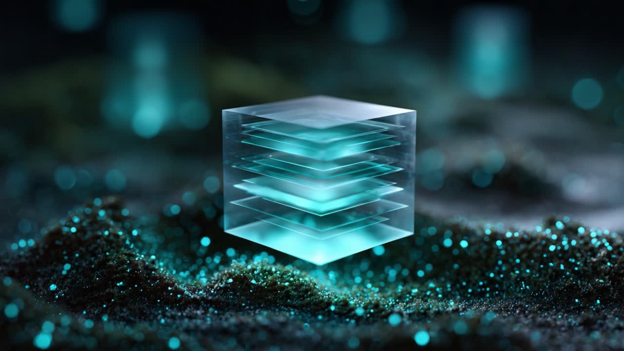 A Stunning Visual of a Layered Crystal Cube with a Glowing Blue Hue Against a Sparkling Background of Glittering Particles and Soft Light Effects