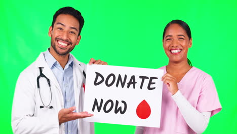 happy doctors, team and billboard on green screen