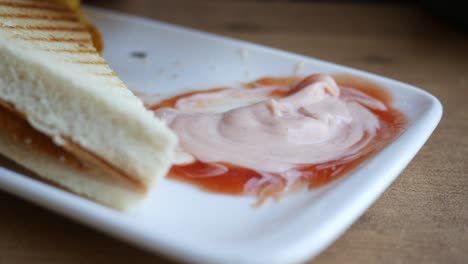 cerca de un sándwich de queso a la parrilla con ketchup y mayonesa en un plato blanco