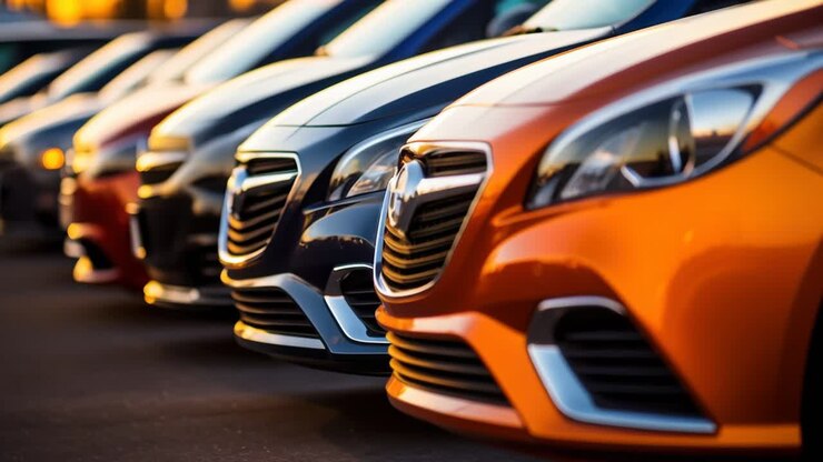 Toma en ángulo bajo de una fila de coches coloridos, que enfatiza un diseño elegante y un estilo moderno