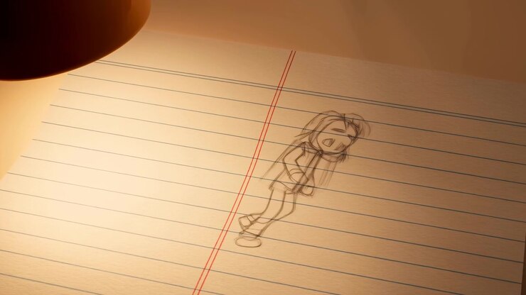 Sequential sketch grows larger and gains hair, facial features, clothing, and stronger line detail as figure changes pose on ruled paper, illuminated by soft amber light from upper left.
