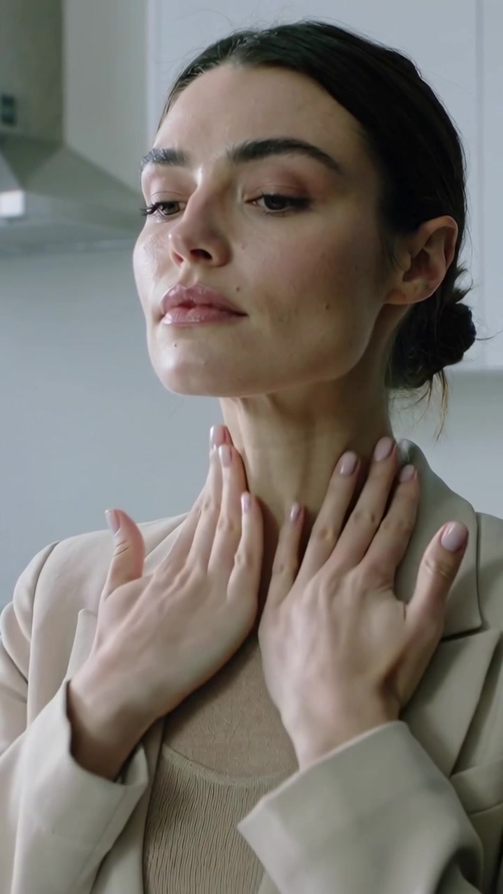 Video verticale: Donna in blazer che si massaggia collo e petto in cucina per la cura della pelle, con le mani posizionate.