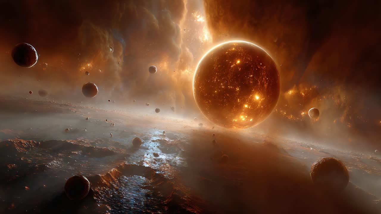 A breathtaking view of a cosmic landscape showcases a massive radiant sun surrounded by swirling clouds and numerous celestial bodies, evoking the vastness of the universe