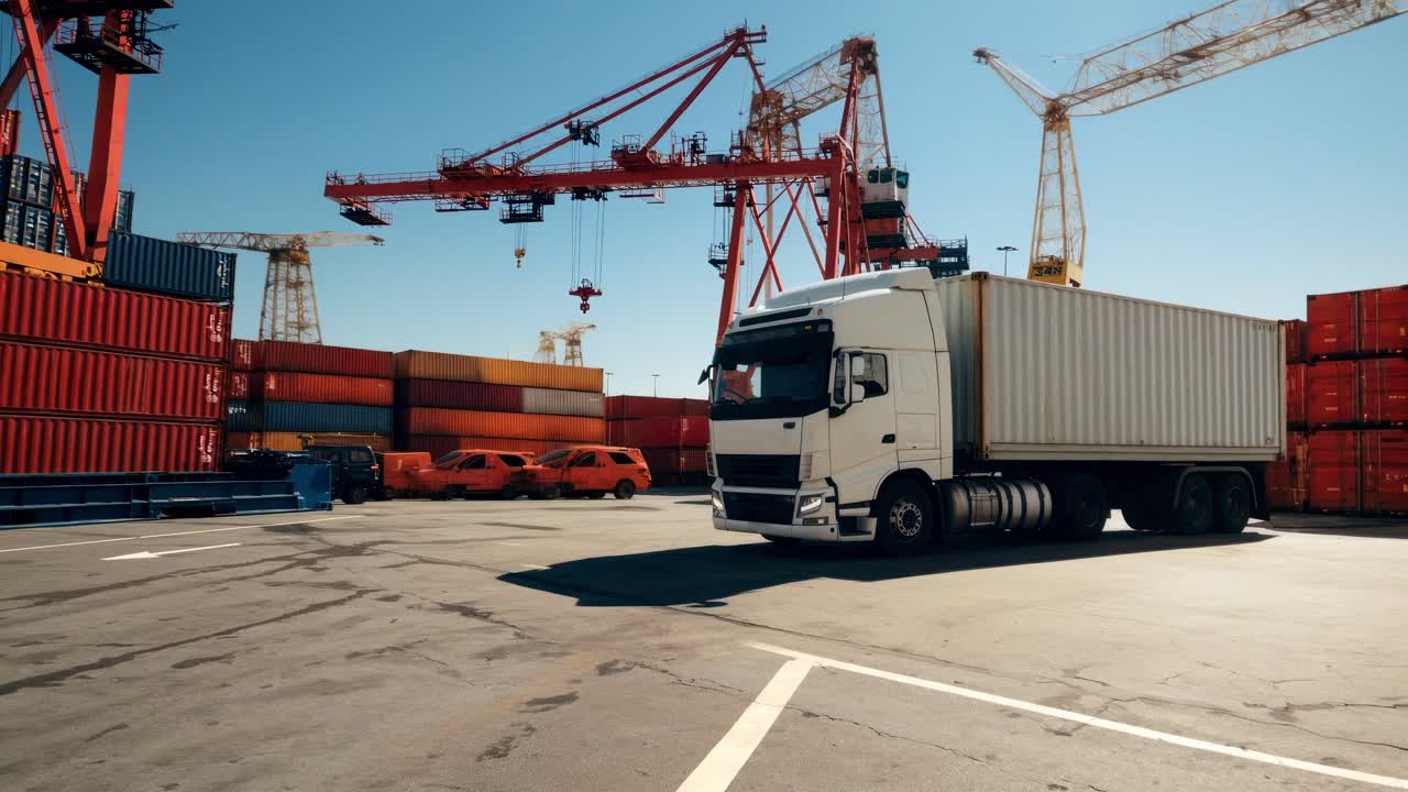 Plano gran angular de un depósito con un camión y grúas, capturando la logística industrial