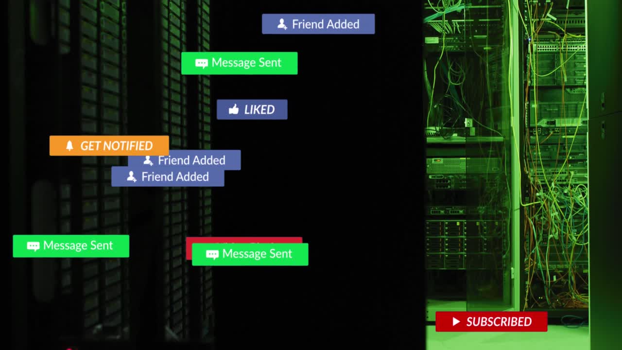 Animation of social media icons falling against computer server room
