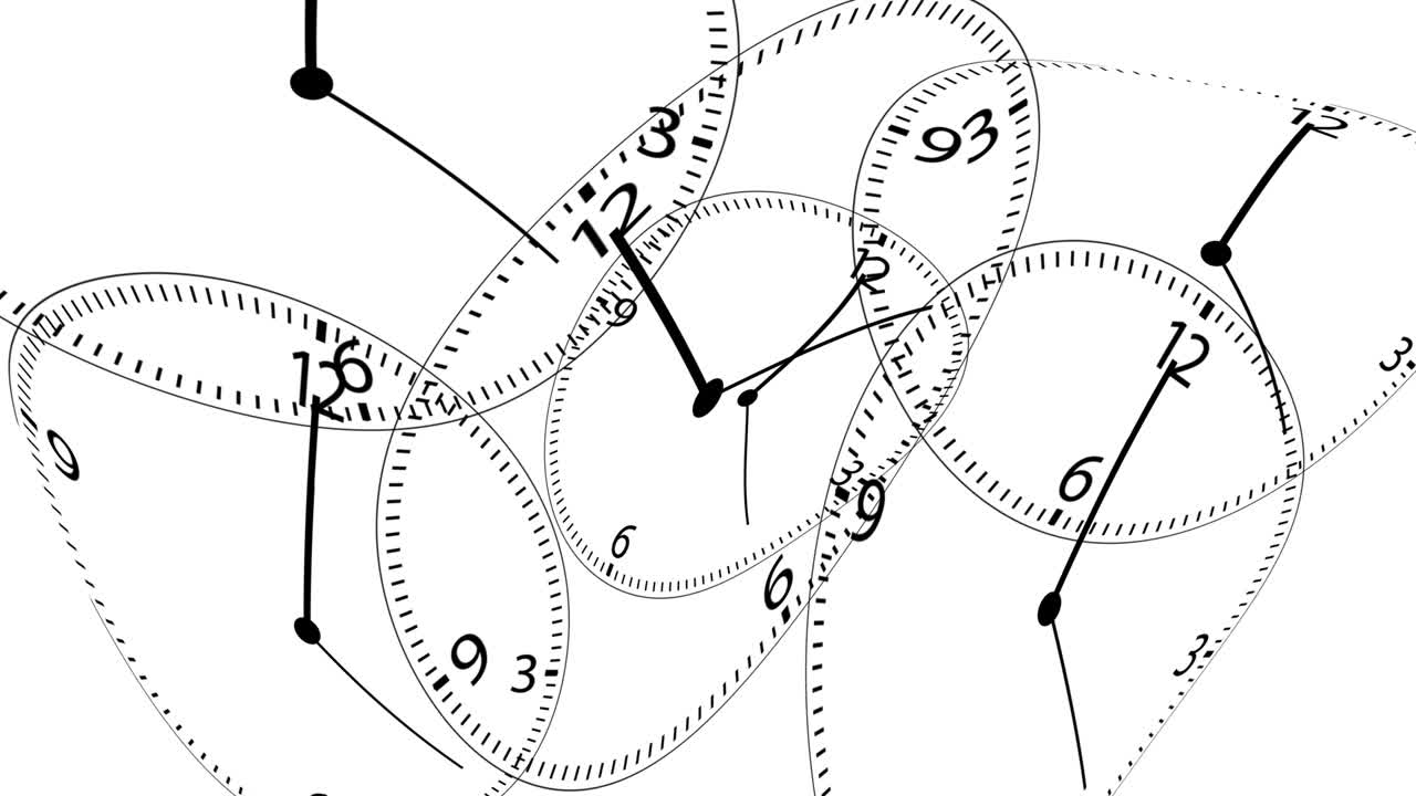 회전하는 왜곡된 시계의 추상적인 애니메이션.